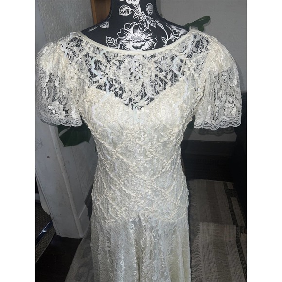 Vintage Ivory Ceam Lace Sequin Party Dress drop waist Sz 4 Bride shuet young - Picture 4 of 9